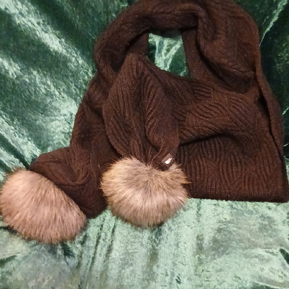 The North Face Dark Brown Scarf with Faux Fur Pom Poms